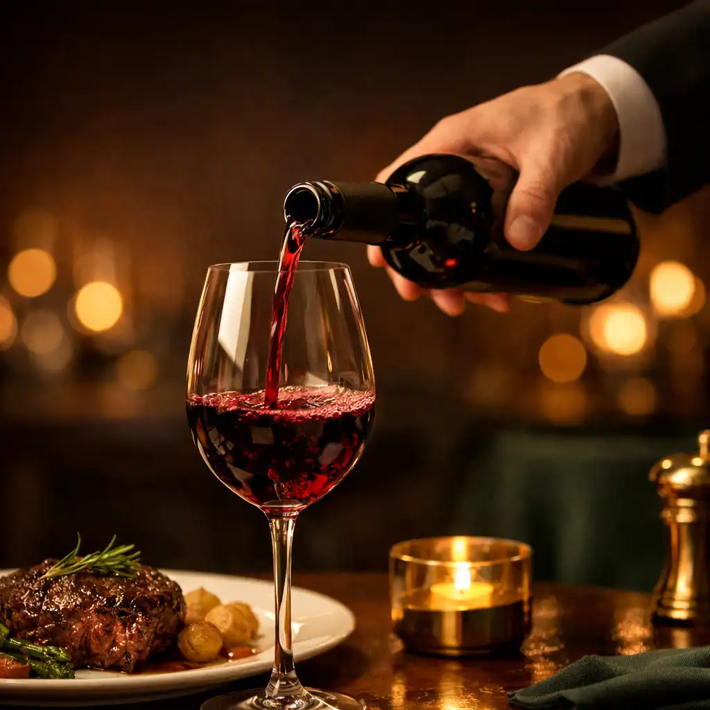 Vörösbor töltése kristálypohárba egy steak vacsora mellett