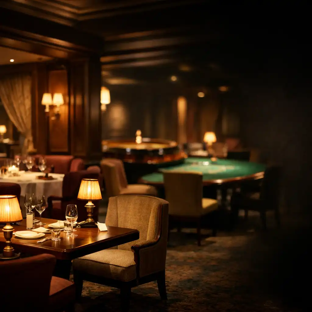 Elegáns éttermi belső tér meleg lámpafénnyel, távolban diszkrét lounge-asztalokkal