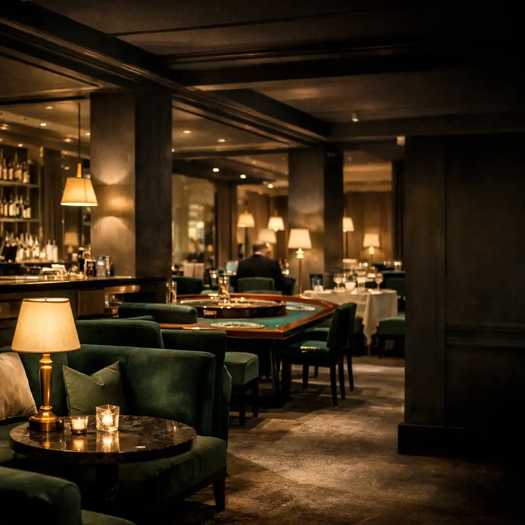 Elegáns kaszinói lounge bárpulttal, emerald ülőhelyekkel és távoli rulettasztallal