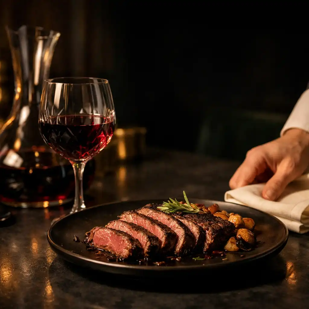 Szeletelt steak vörösborral és elegáns esti asztali szervizzel