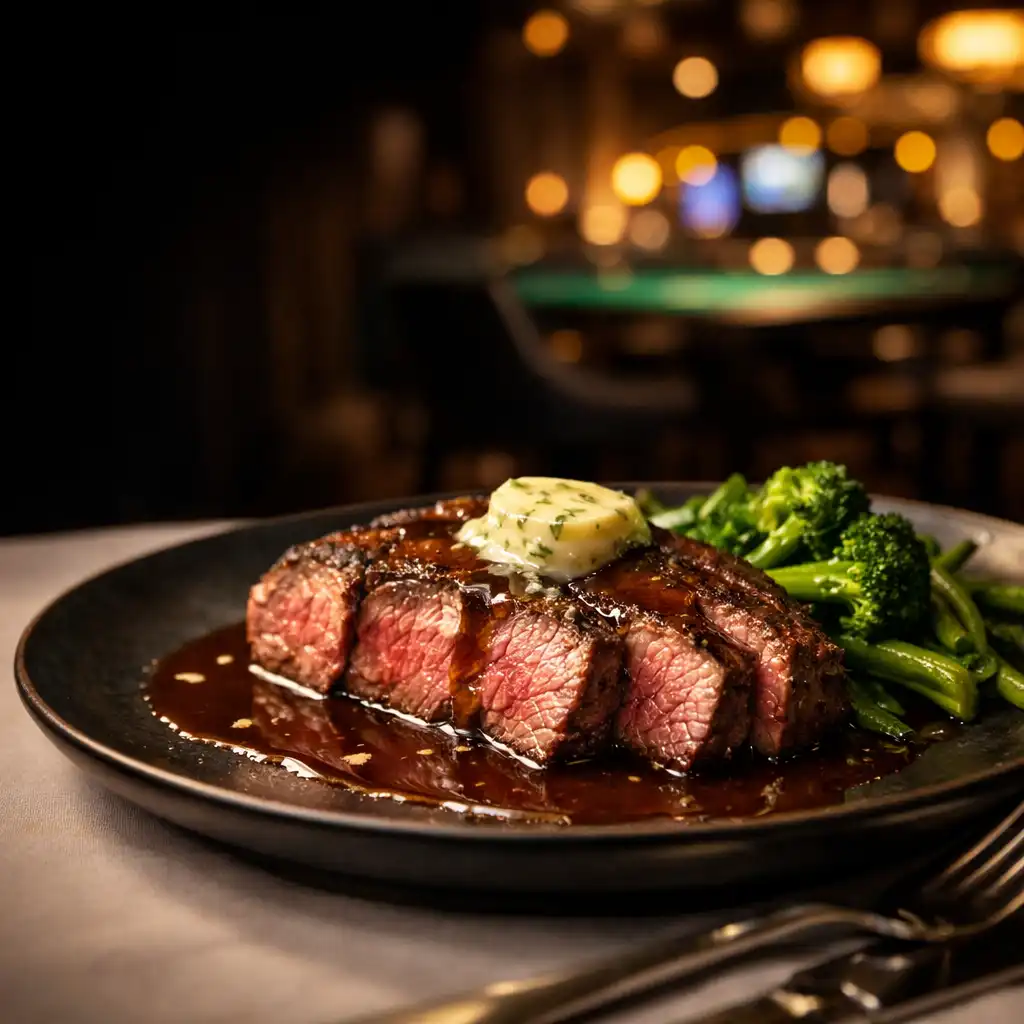 Szeletelt, közepesen átsült steak sötét tányéron egy elegáns esti asztalon