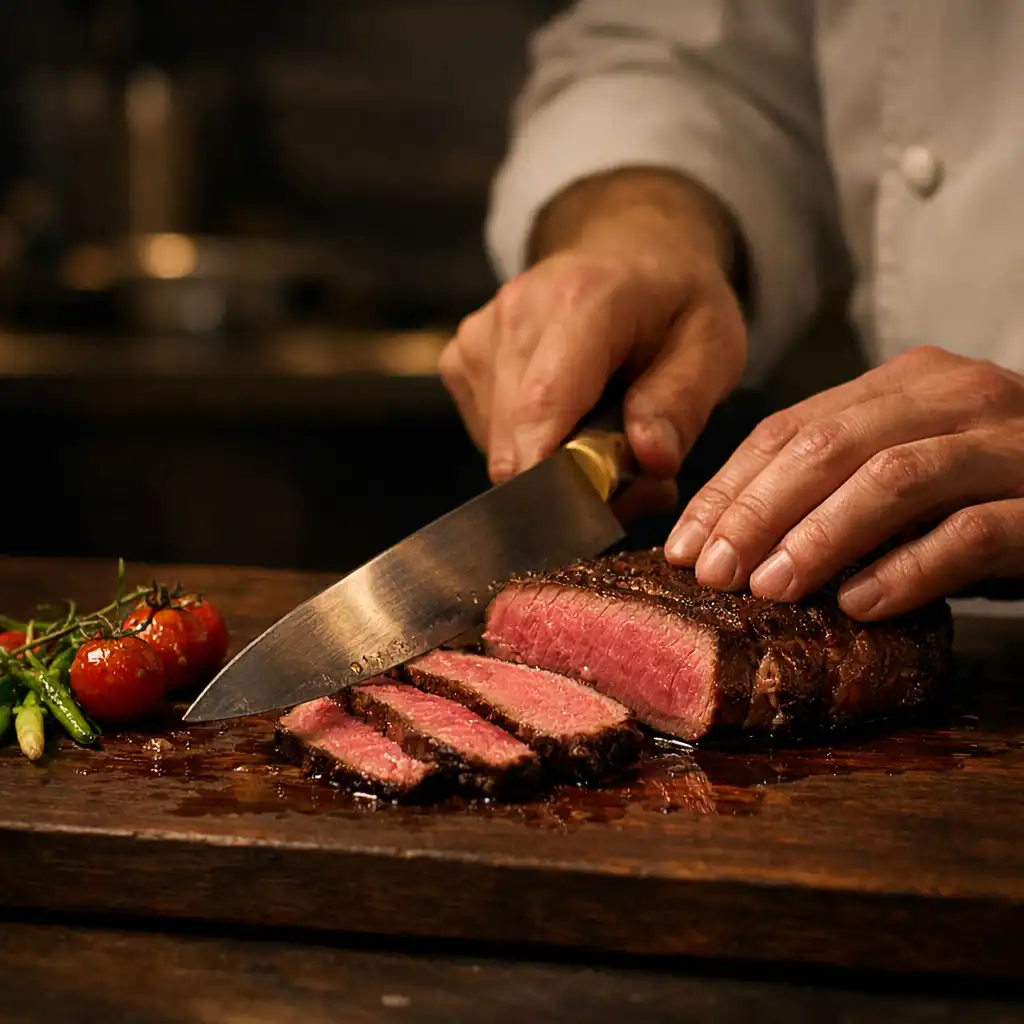 Séf keze steak szeletelése közben, meleg konyhai fényben