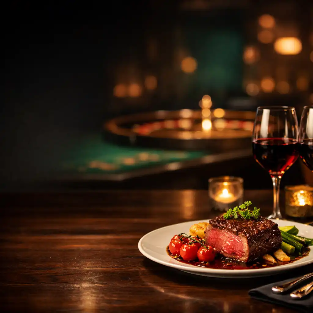 Vörösbor és steak elegáns esti terítéken, elmosódó lounge háttérrel